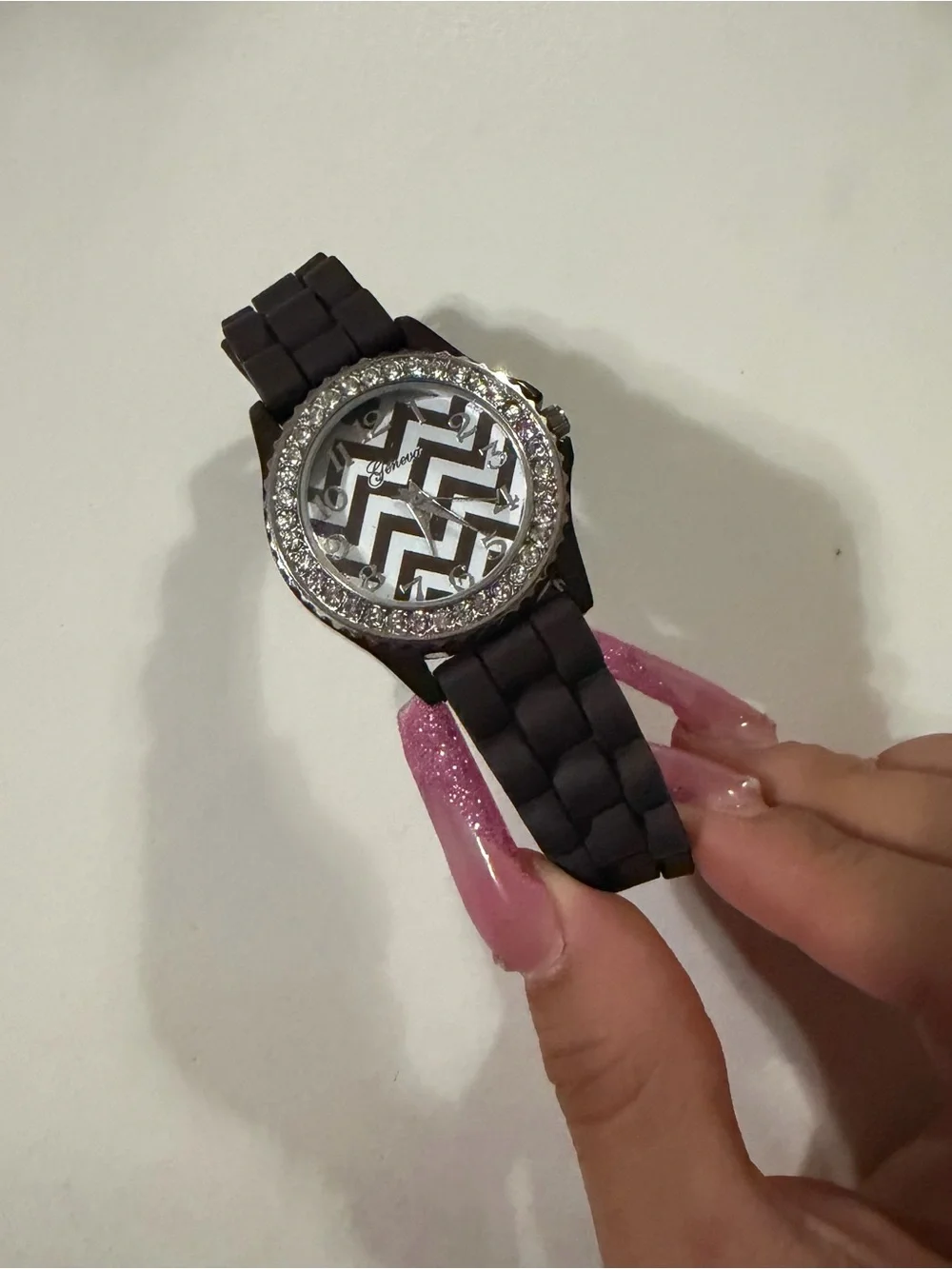 Geneva Black and White Chevron Crystal Accent Women's Watch